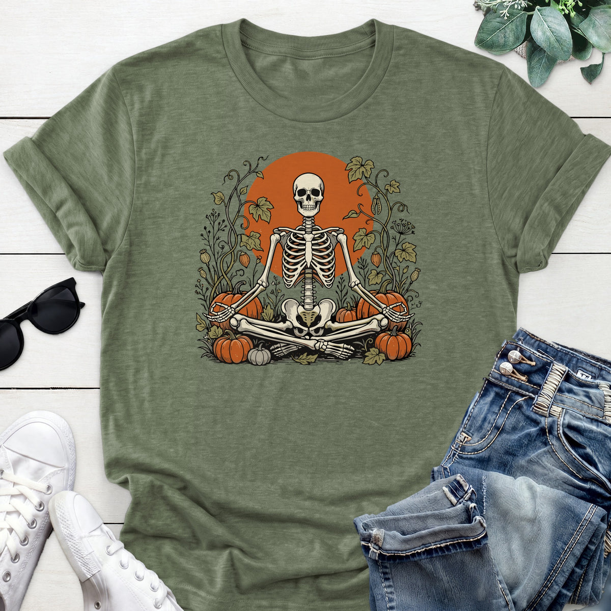 Meditating Skeleton Pumpkin Patch Tee — Heather Military Green