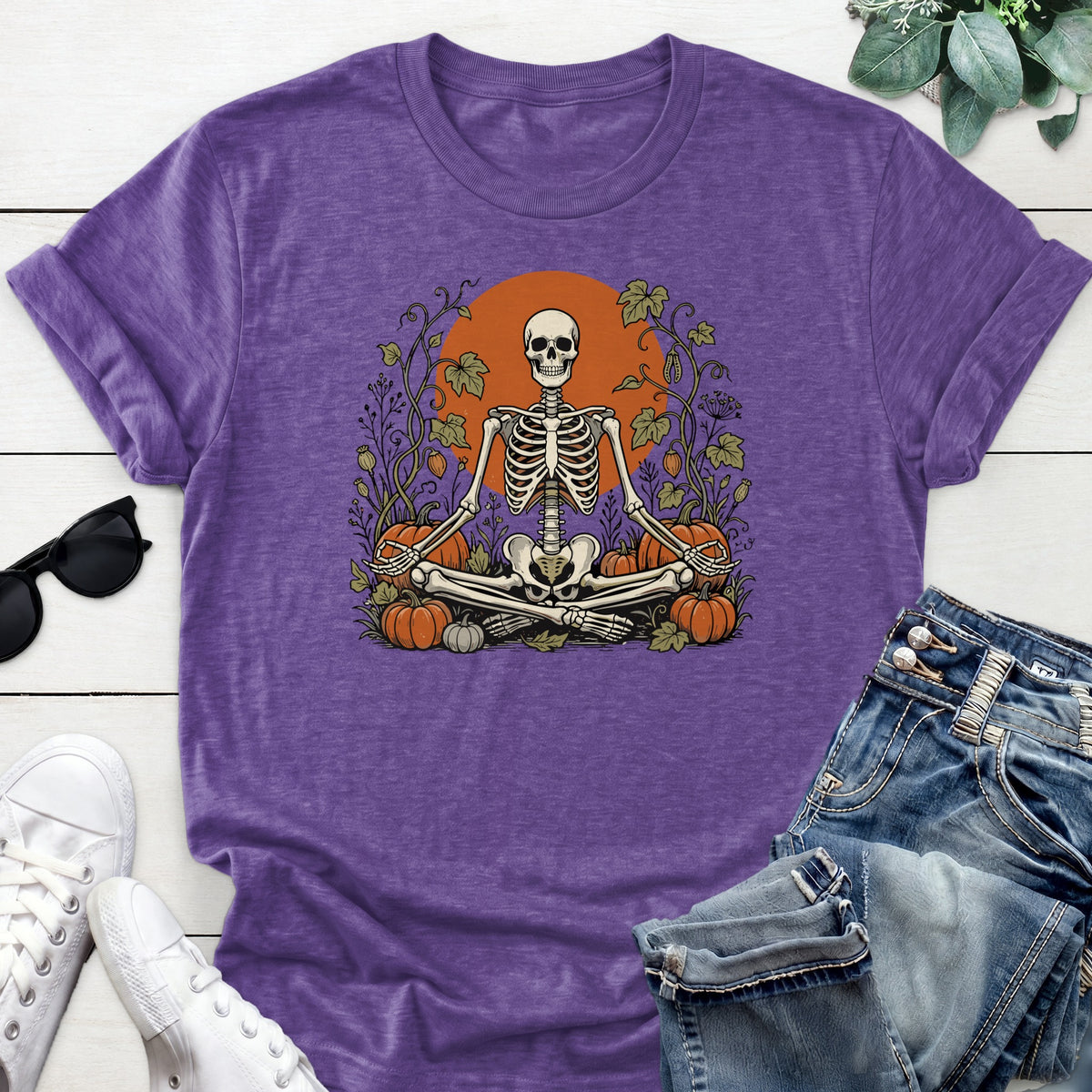 Meditating Skeleton Pumpkin Patch Tee — Heather Purple