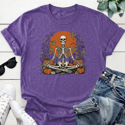 Meditating Skeleton Pumpkin Patch Tee — Heather Purple