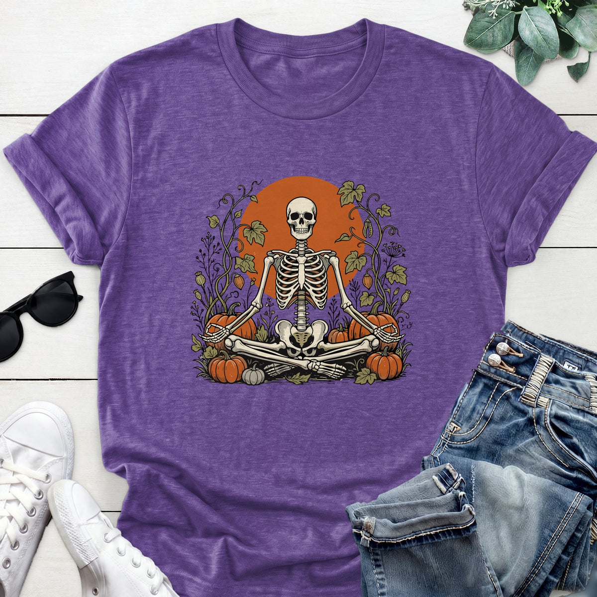 Meditating Skeleton Pumpkin Patch Tee — Heather Purple