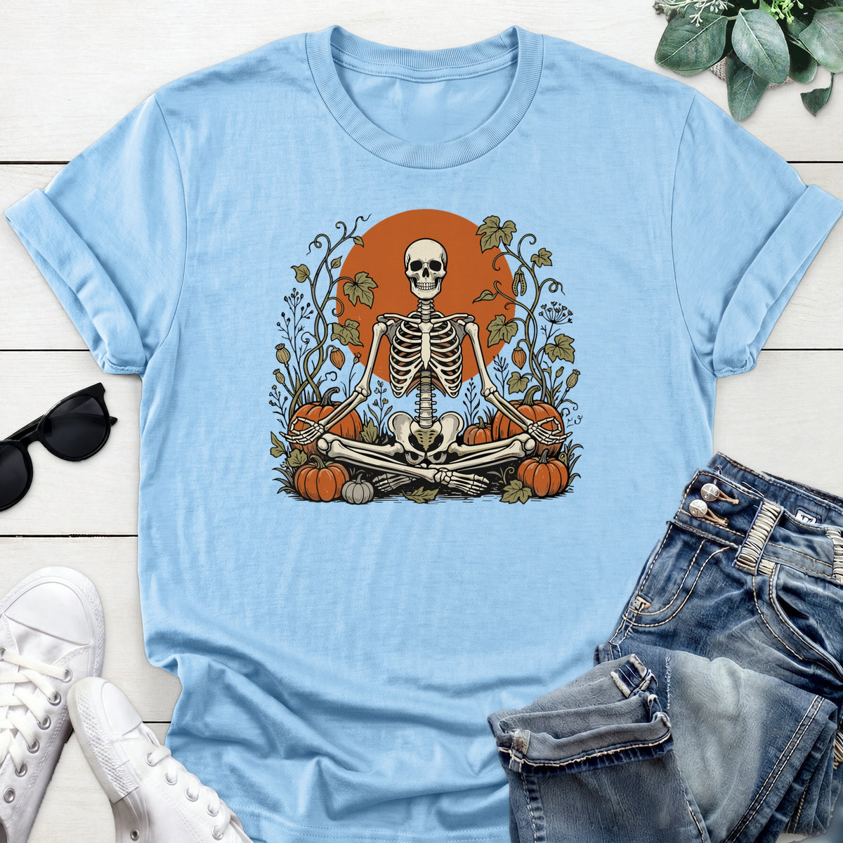 Meditating Skeleton Pumpkin Patch Tee — Light Blue
