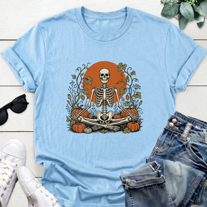 Meditating Skeleton Pumpkin Patch Tee — Light Blue