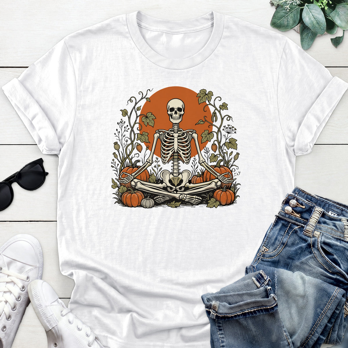 Meditating Skeleton Pumpkin Patch Tee — White