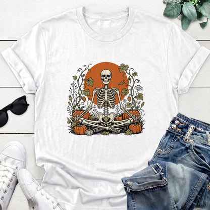 Meditating Skeleton Pumpkin Patch Tee — White
