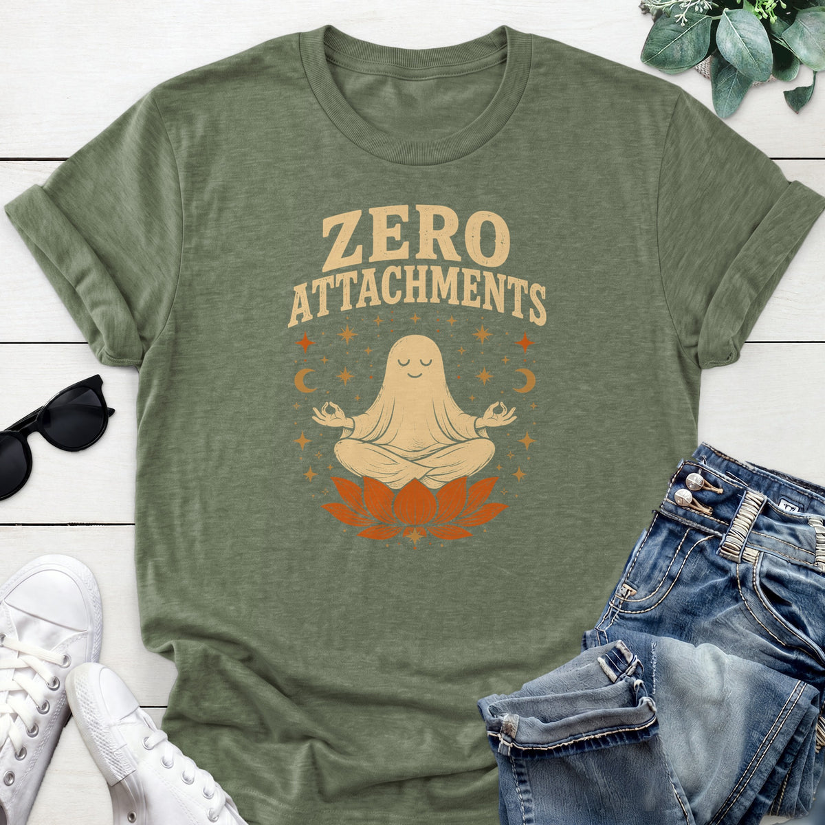 Meditating Ghost Tee — Heather Military Green