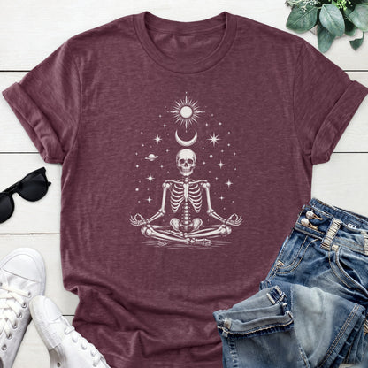 Meditating Skeleton Tee — Heather Maroon