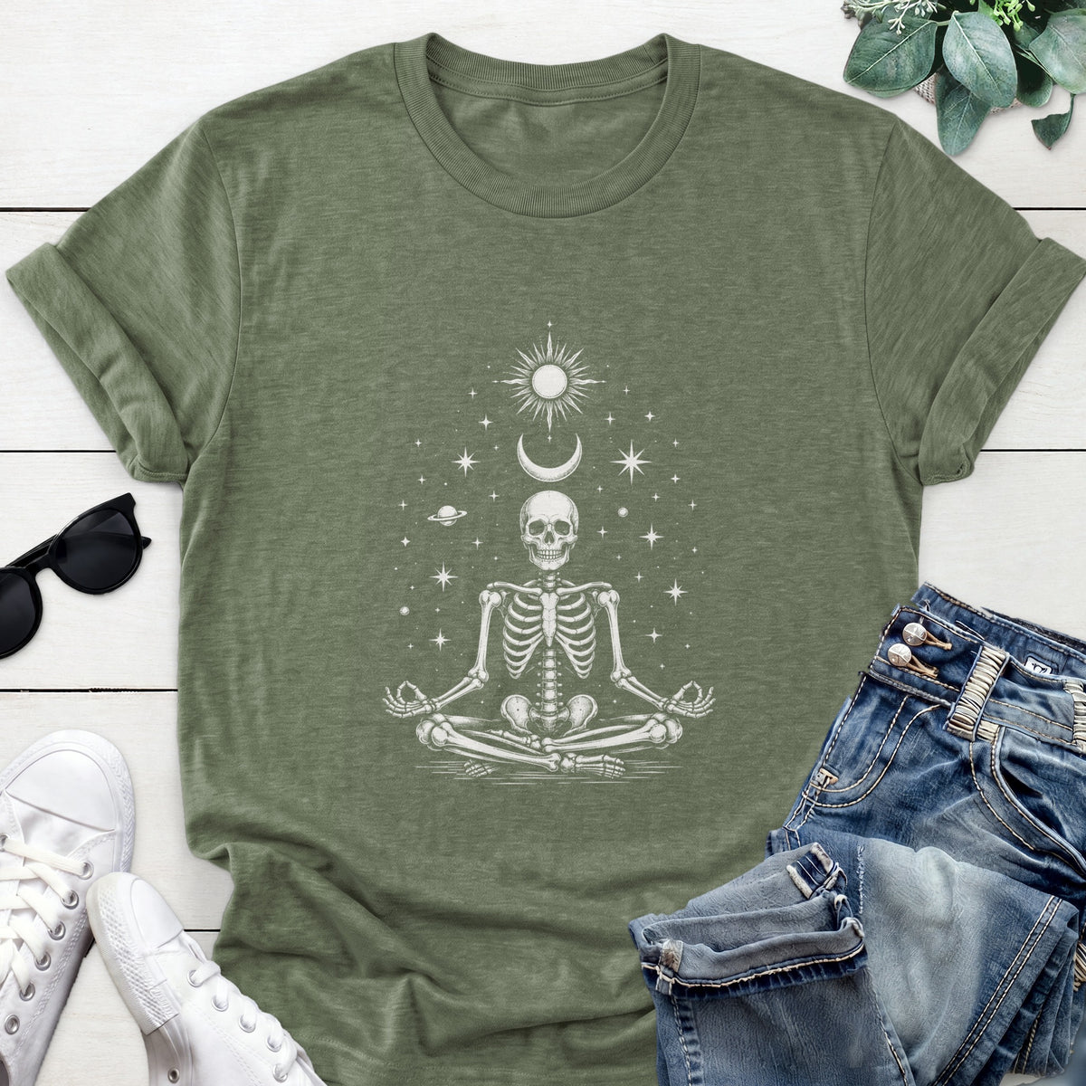 Meditating Skeleton Tee — Heather Military Green