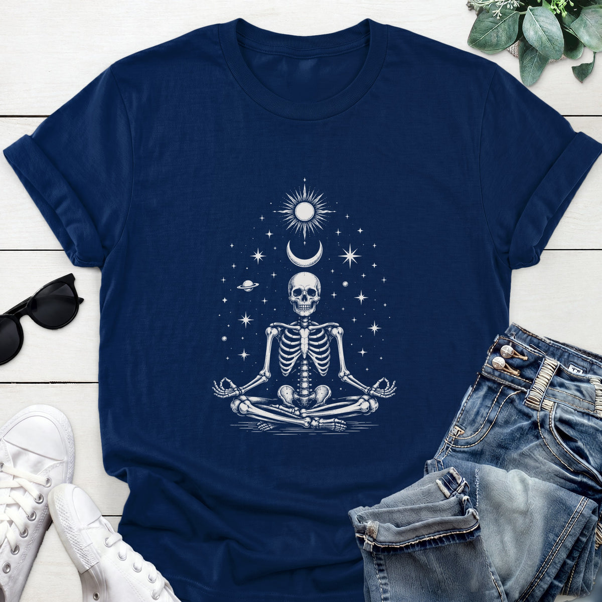 Meditating Skeleton Tee — Navy
