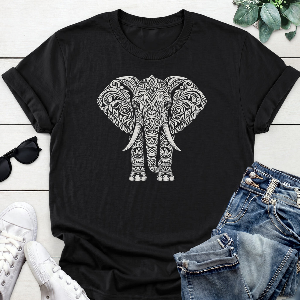 Mandala Elephant Tee — Black
