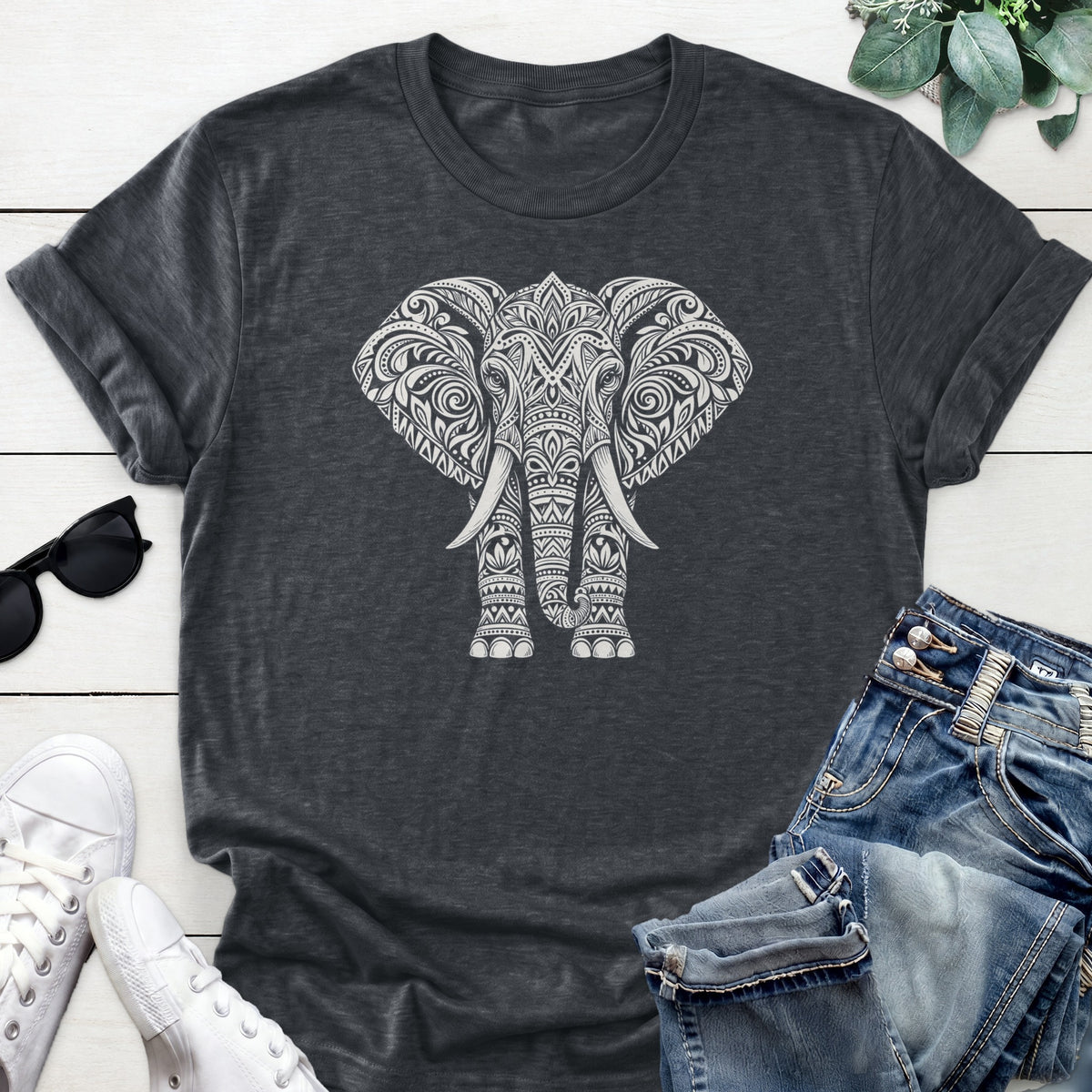 Mandala Elephant Tee — Dark Heather