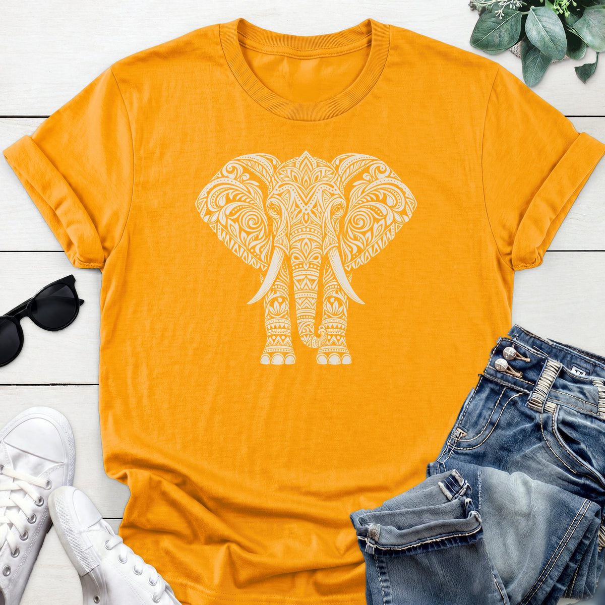 Mandala Elephant Tee — Gold