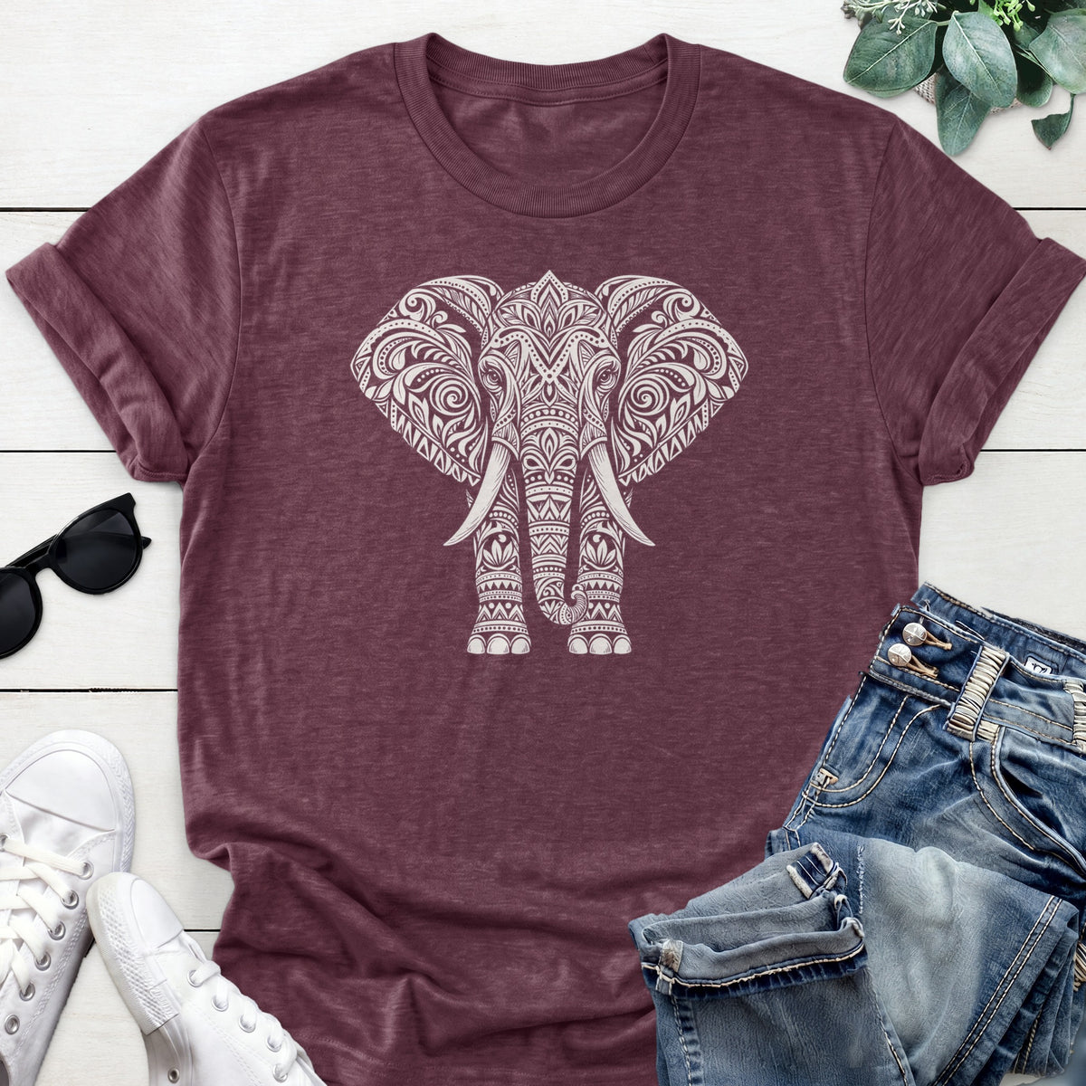 Mandala Elephant Tee — Heather Maroon