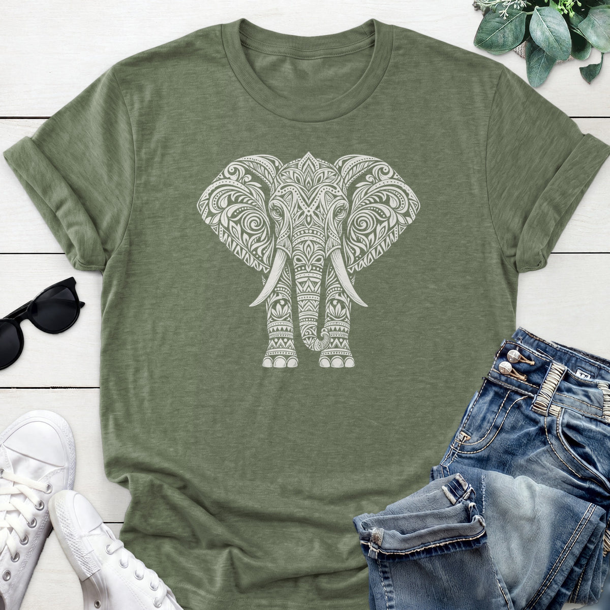 Mandala Elephant Tee — Heather Military Green