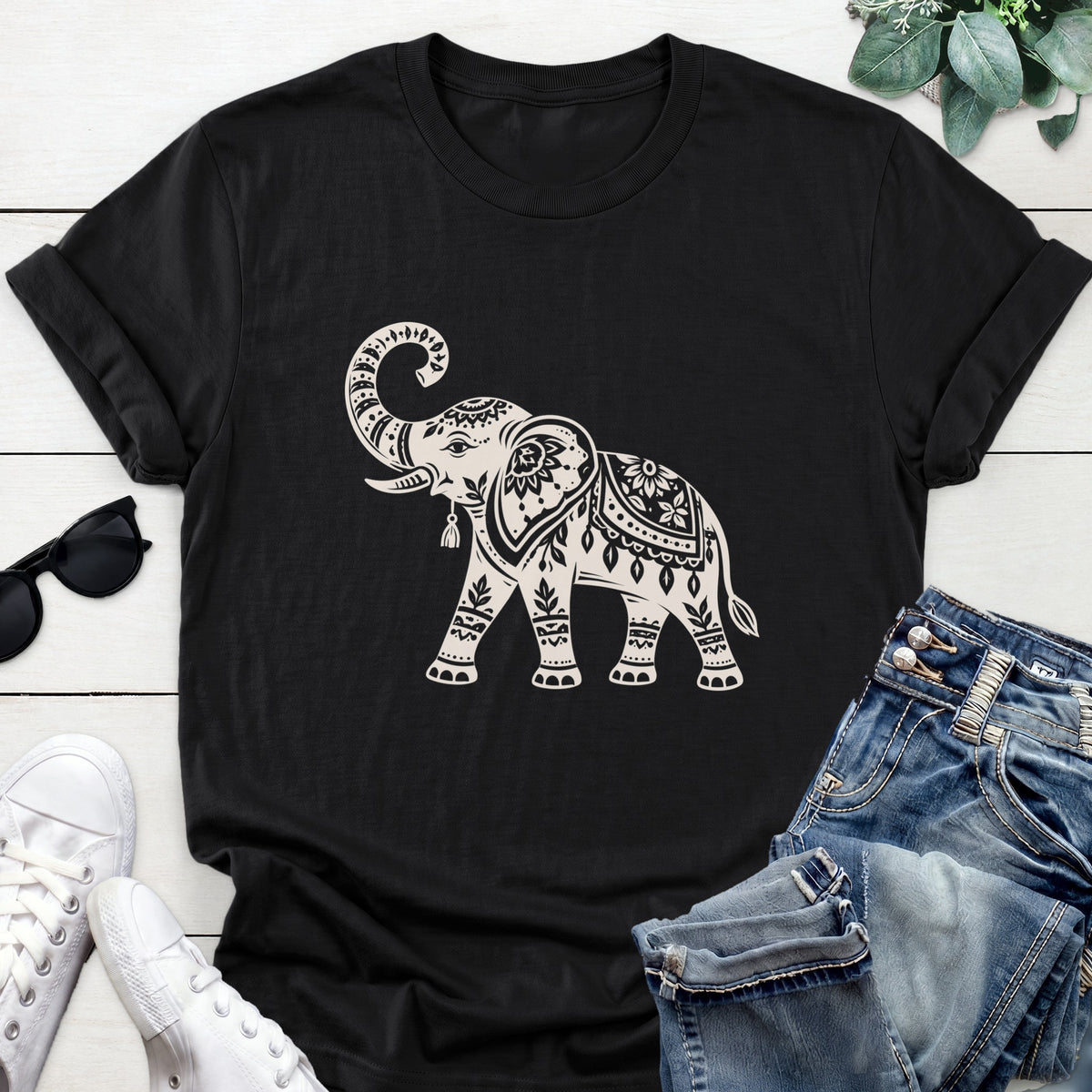 Mandala Elephant Tee — Black
