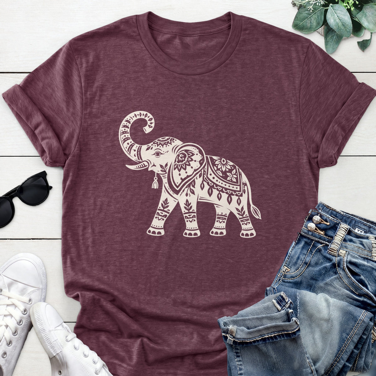 Mandala Elephant Tee — Heather Maroon