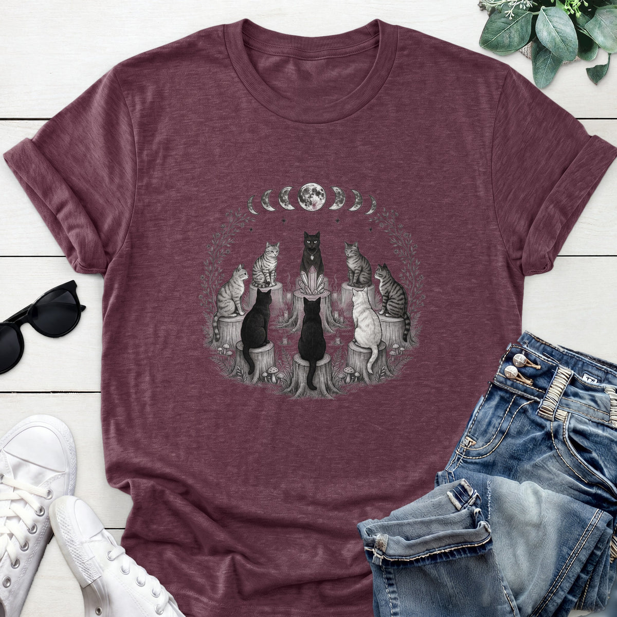 Moon Phase Cat Circle Tee — Heather Maroon
