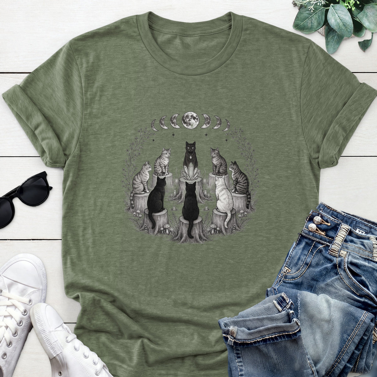 Moon Phase Cat Circle Tee — Heather Military Green