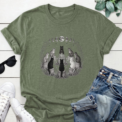 Moon Phase Cat Circle Tee — Heather Military Green