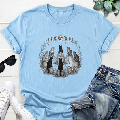Moon Phase Cat Circle Tee — Light Blue