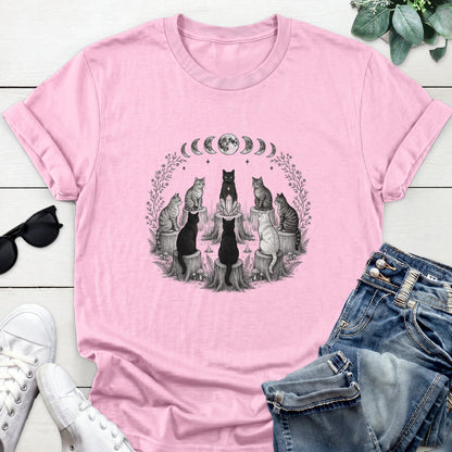 Moon Phase Cat Circle Tee — Light Pink
