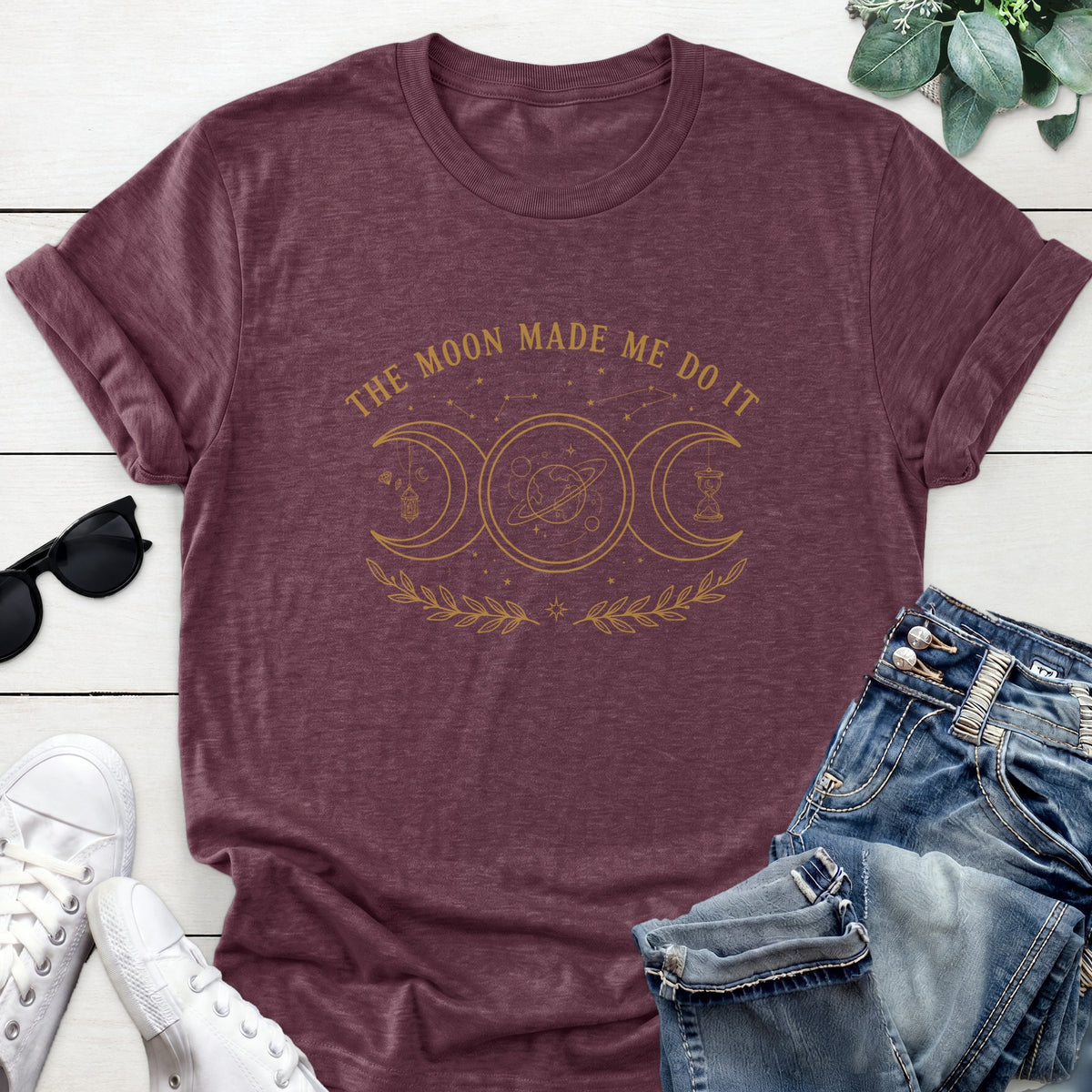 Crescent Moon Cosmic Tee — Heather Maroon