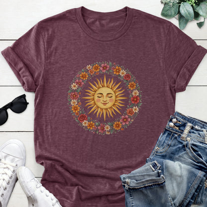 Floral Sun Wreath Tee — Heather Maroon
