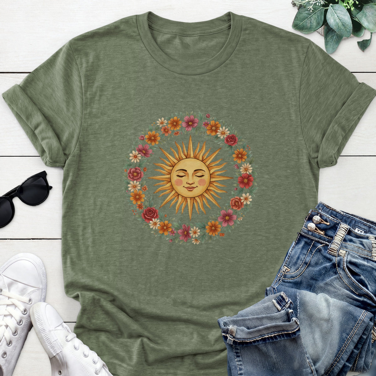 Floral Sun Wreath Tee — Heather Military Green