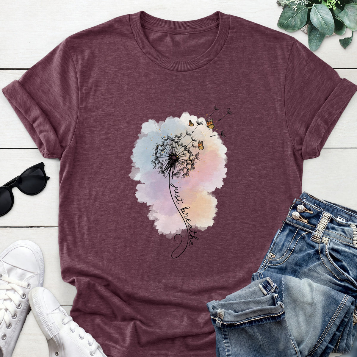 Just Breathe Dandelion Tee — Heather Maroon