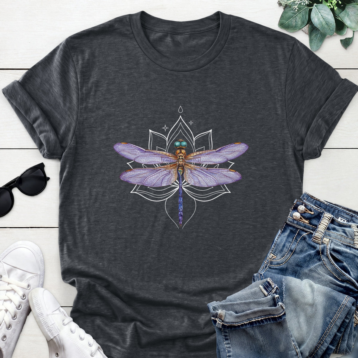 Dragonfly Lotus Tee — Dark Heather