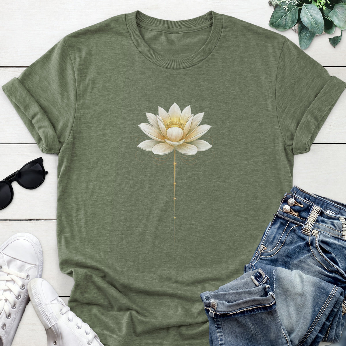 Ornamental Lotus Tee — Heather Military Green