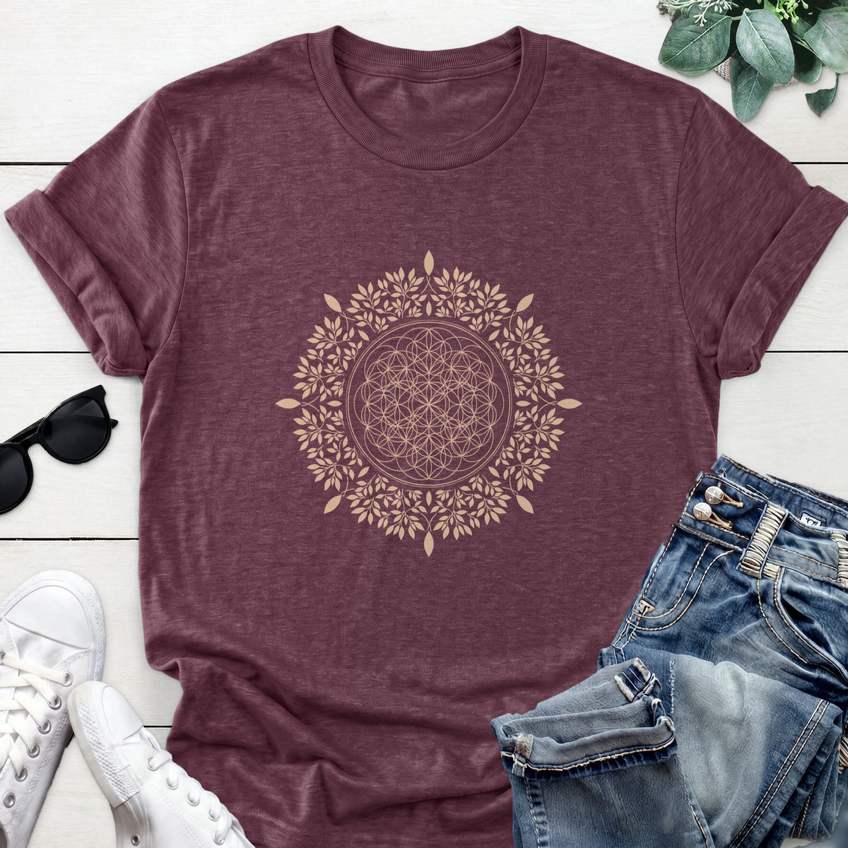 Flower Of Life Wreath Tee — Heather Maroon
