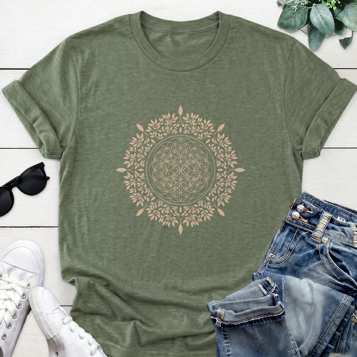 Flower Of Life Wreath Tee — Heather Military Green