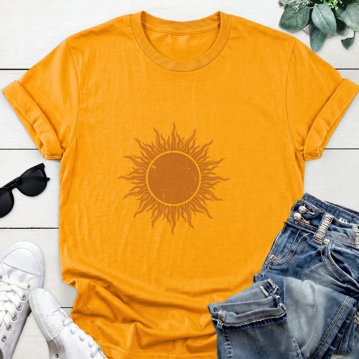 Distressed Sun Tee — Gold