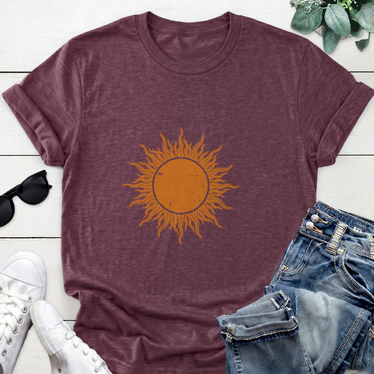 Distressed Sun Tee — Heather Maroon