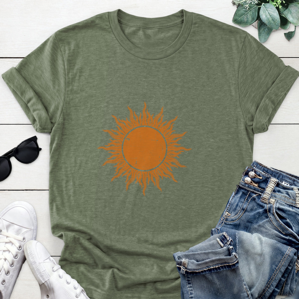 Distressed Sun Tee — Heather Military Green