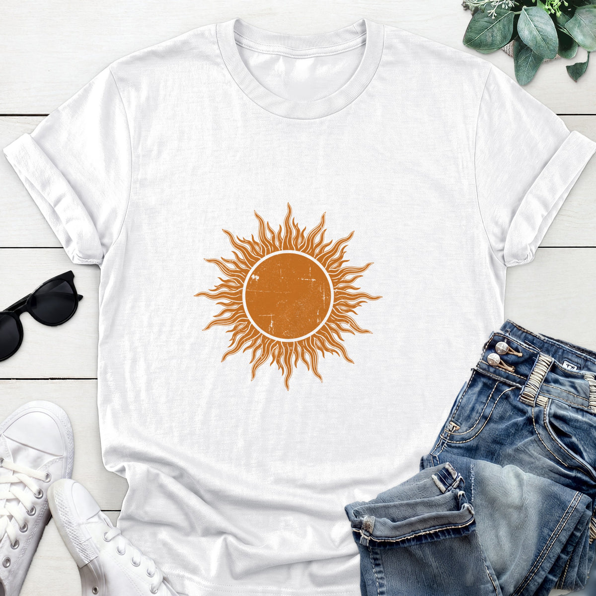 Distressed Sun Tee — White