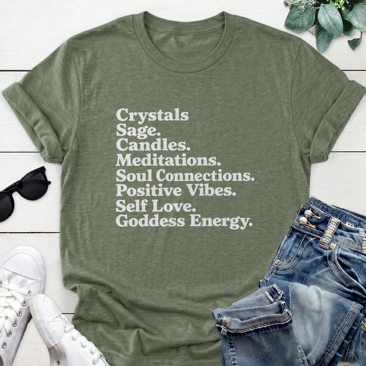 Goddess Energy Typography Tee — Heather Military Green