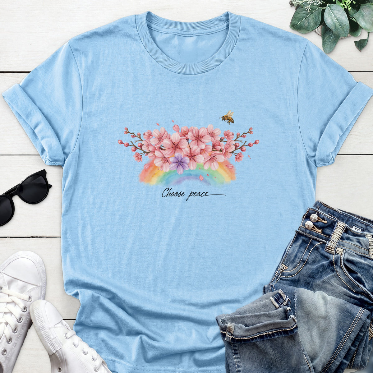 Choose Peace Floral Tee — Light Blue