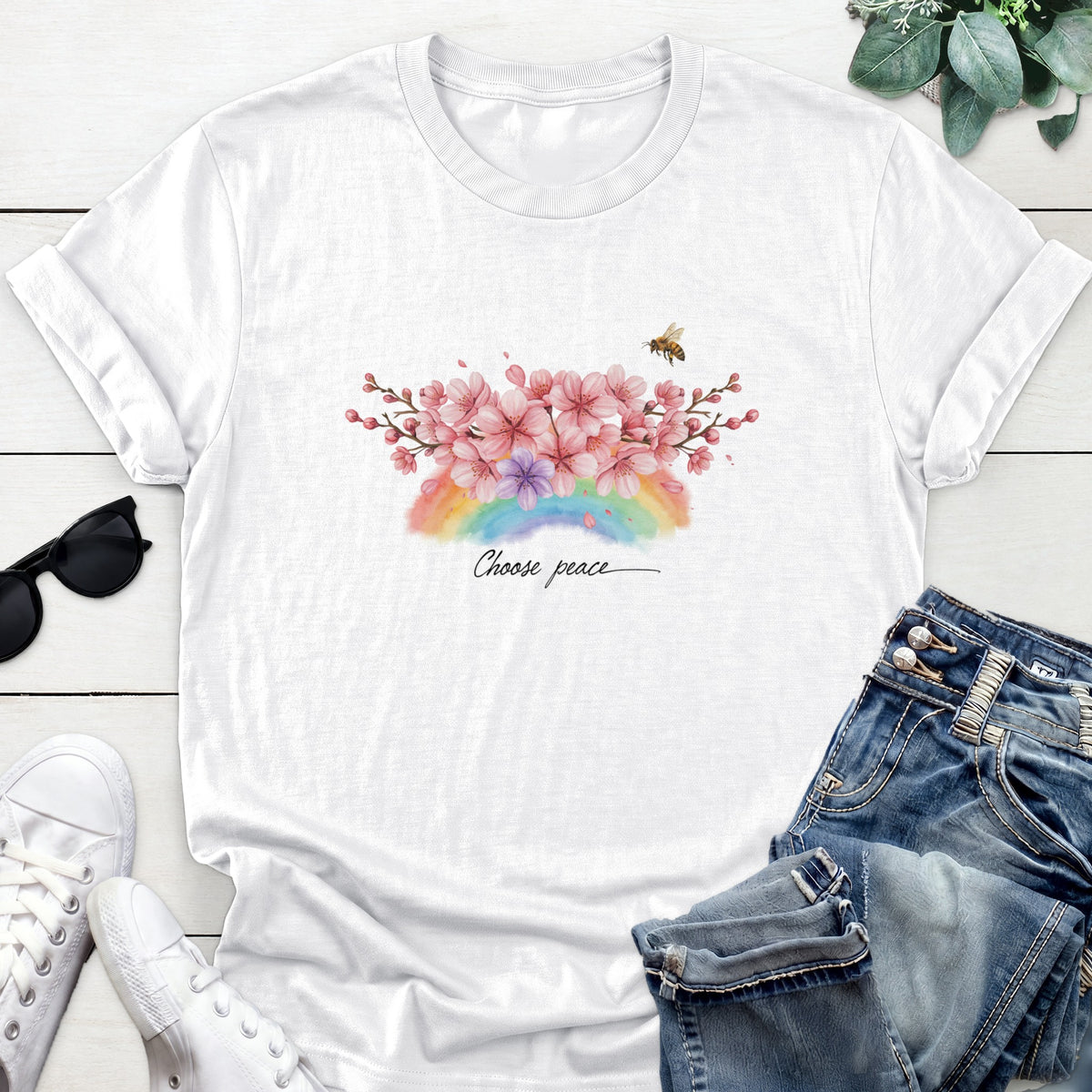 Choose Peace Floral Tee — White