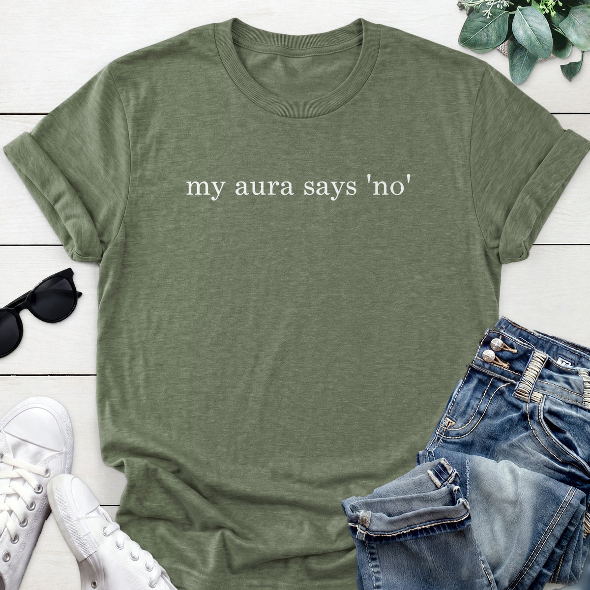 My Aura Says No Tee — Heather Military Green