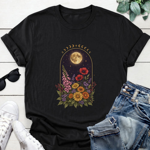 Moon Phase Wildflower Tee — Black