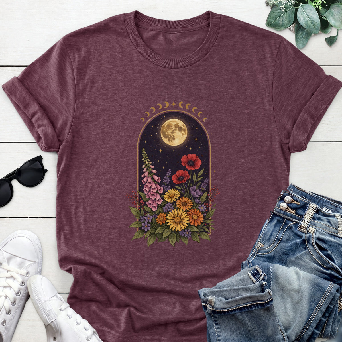 Moon Phase Wildflower Tee — Heather Maroon