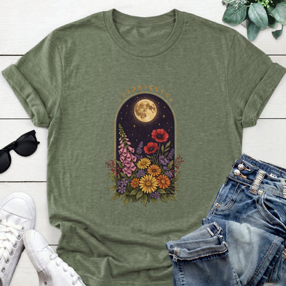 Moon Phase Wildflower Tee — Heather Military Green