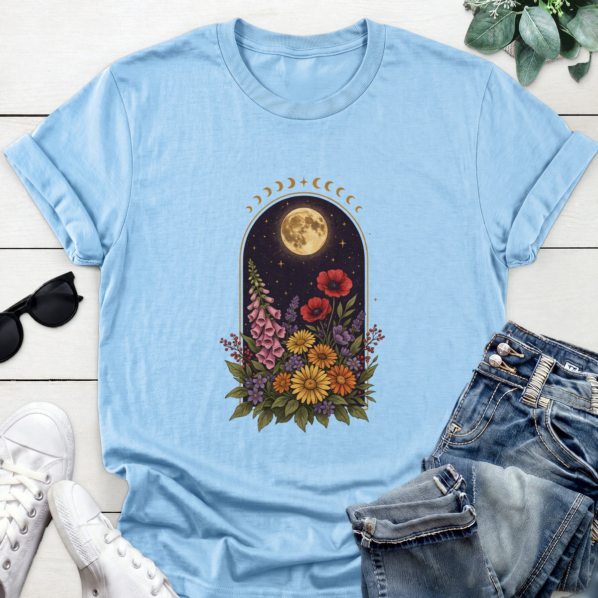 Moon Phase Wildflower Tee — Light Blue
