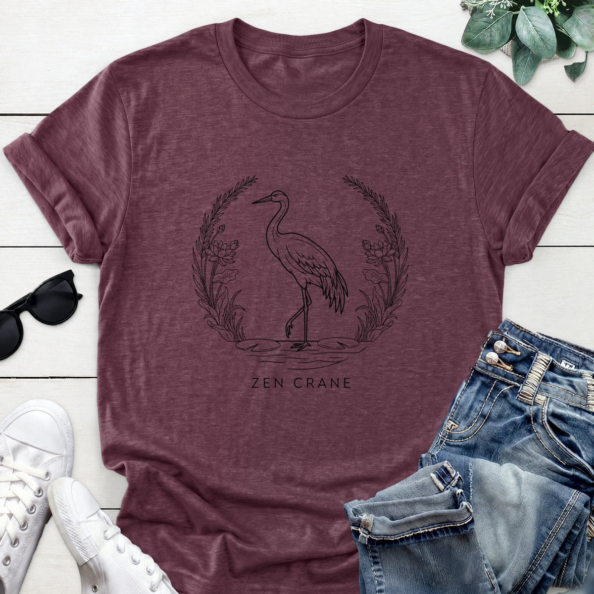 Zen Crane Tee — Heather Maroon