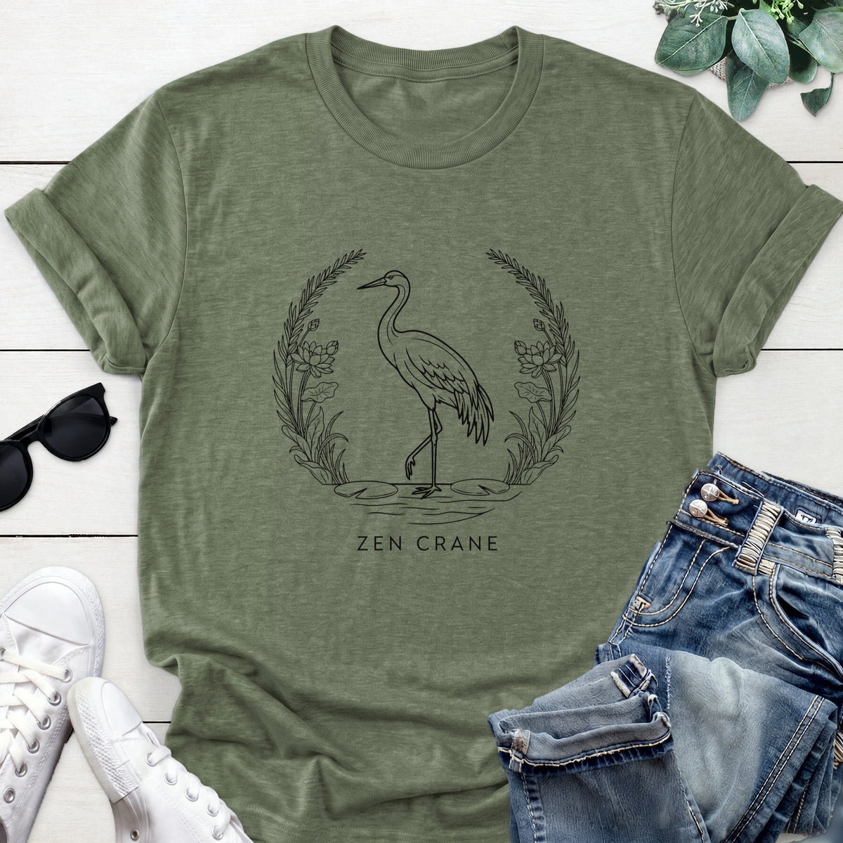 Zen Crane Tee — Heather Military Green