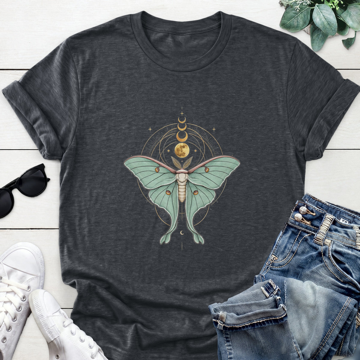Luna Moth Moon Phases Tee — Dark Heather