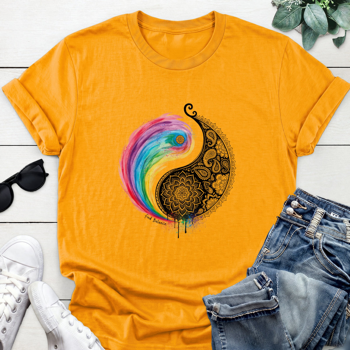 Rainbow Yin Yang Tee — Gold