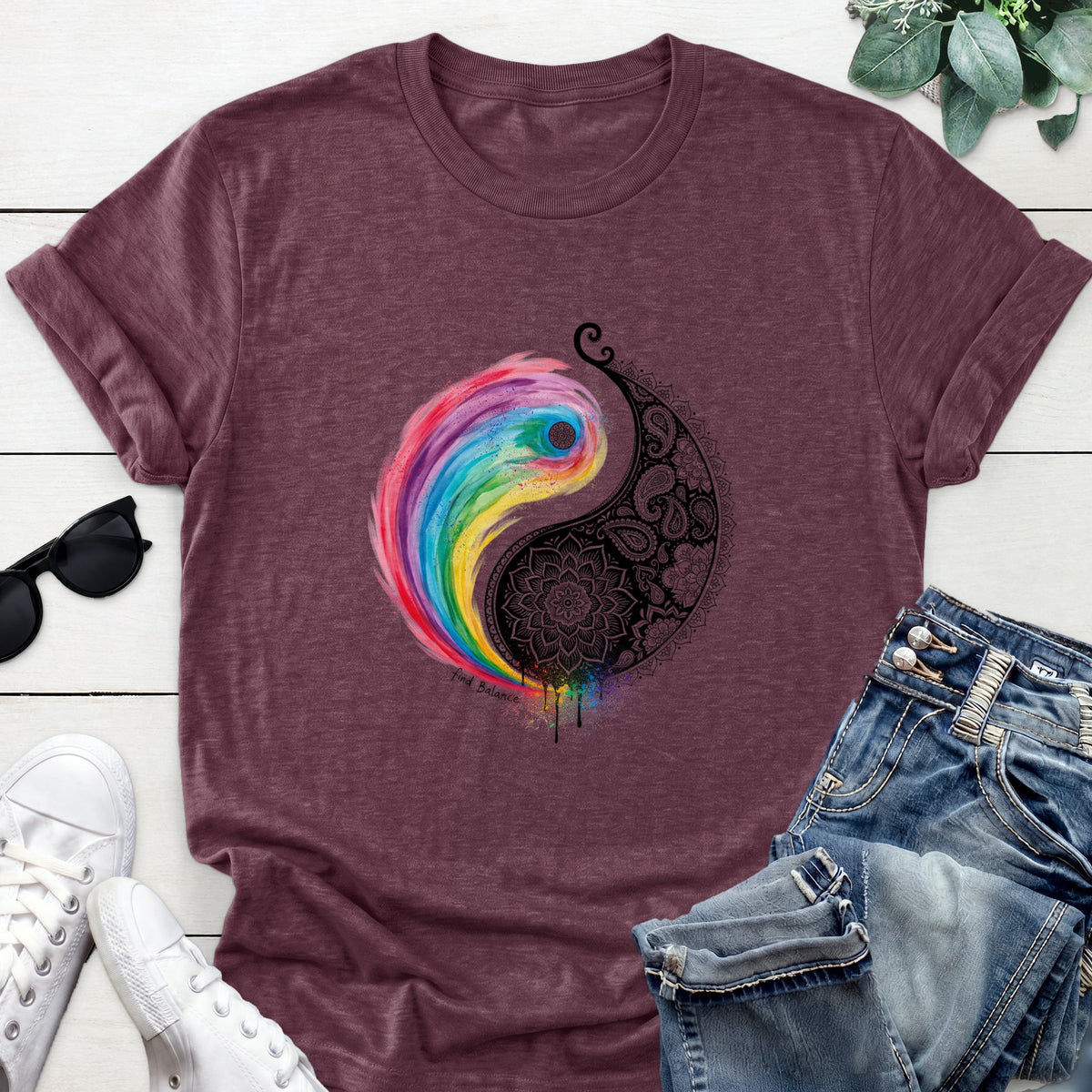 Rainbow Yin Yang Tee — Heather Maroon