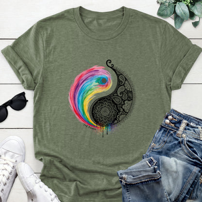 Rainbow Yin Yang Tee — Heather Military Green